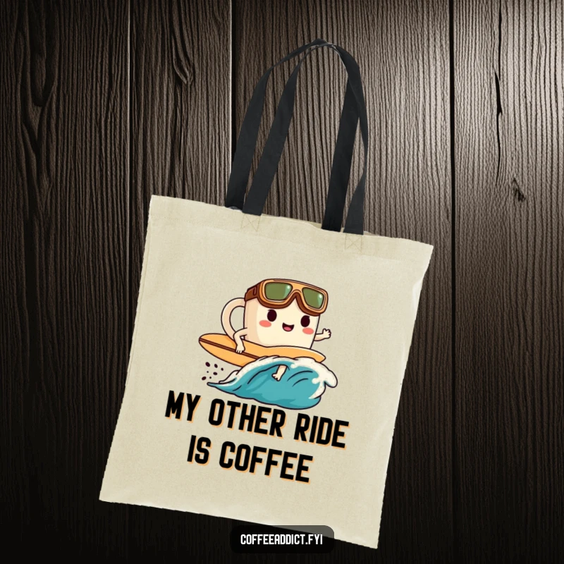 Funny tote bag with a goggled surfer character riding a coffee wave, perfect for carrying daily necessities with a smile.