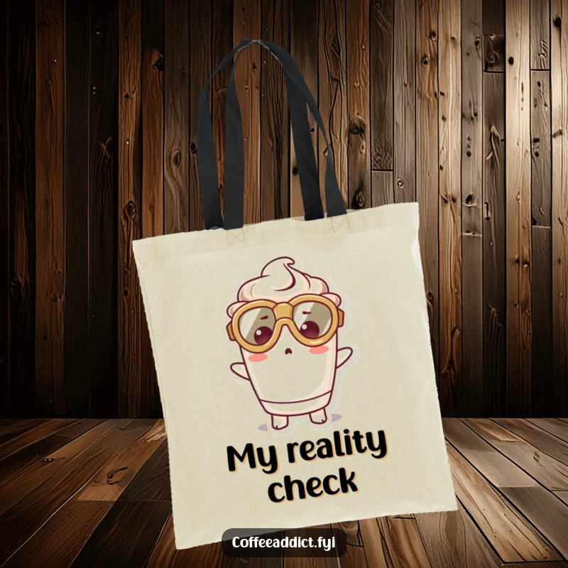 Funny tote bag showcasing a cute kawaii coffee cup character in big goggles, expressing comical surprise, perfect for stylish carrying.