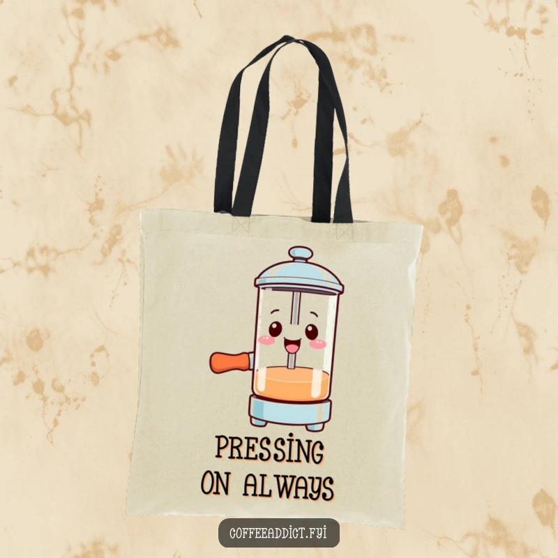 Funny Kawaii French press tote bag with a smiling character pressing down with gusto, perfect for carrying essentials.